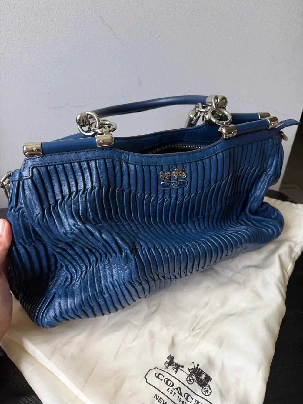Coach Navy Pleated Leather Satchel with Silver Hardware